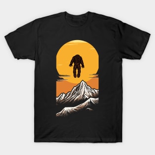 Retro Sunset Bigfoot Going To Heaven Illustration - Mythical Journey Art T-Shirt